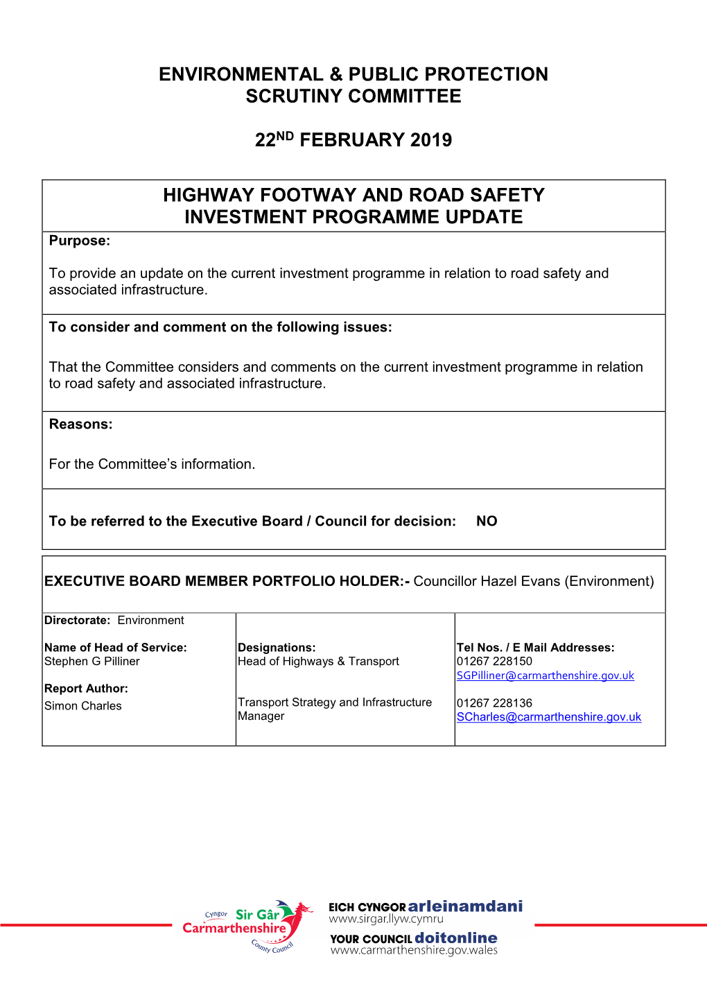 Highway Footway and Road Safety Investment Programme Update Pdf