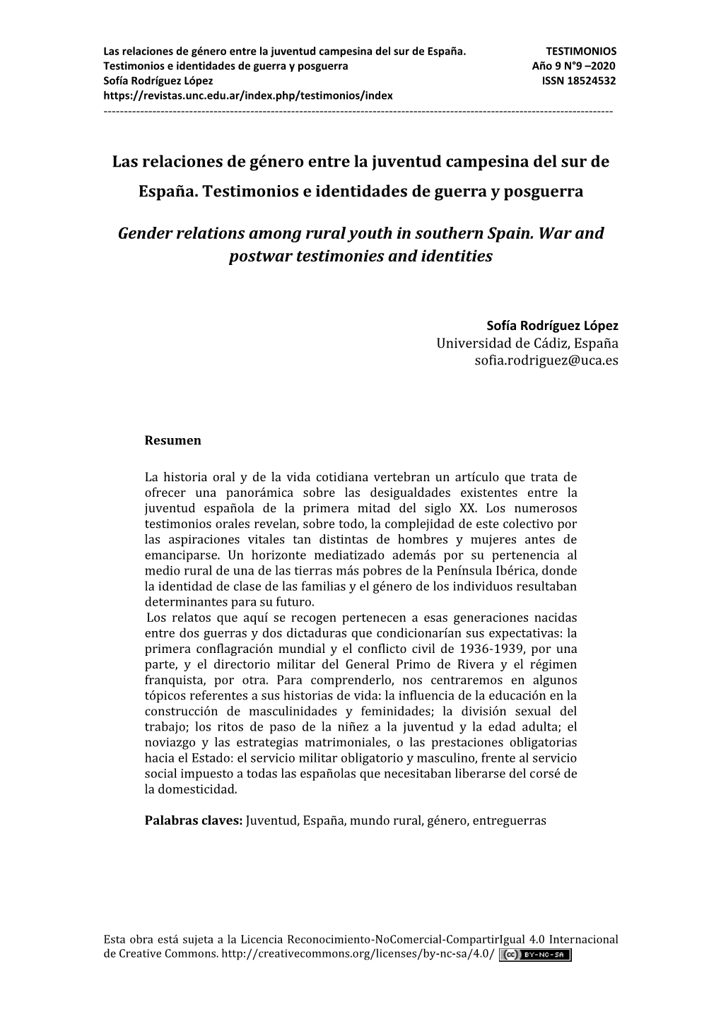 Las Relaciones De Género Entre La Juventud Campesina Del Sur De España