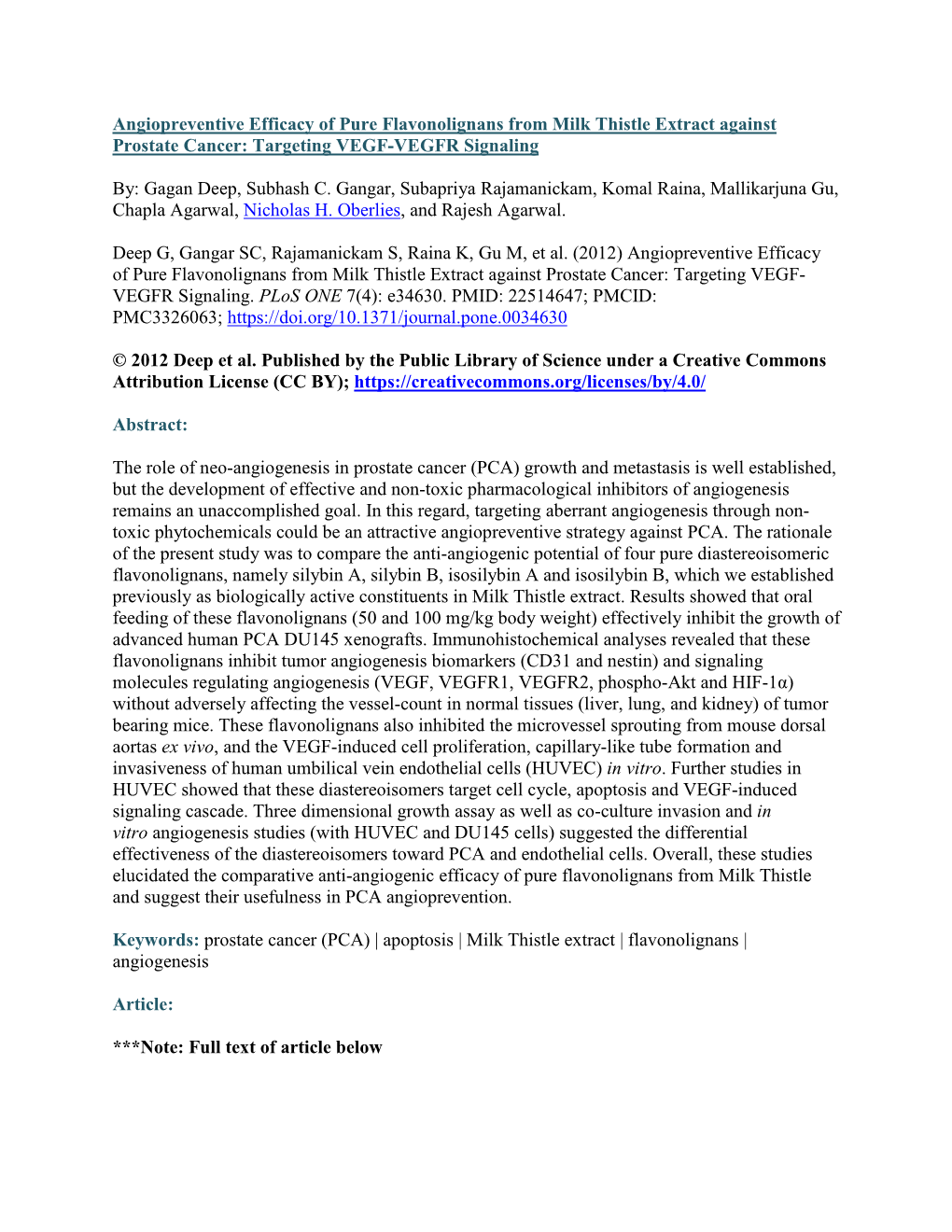 Angiopreventive Efficacy of Pure Flavonolignans from Milk Thistle Extract Against Prostate Cancer: Targeting VEGF-VEGFR Signaling