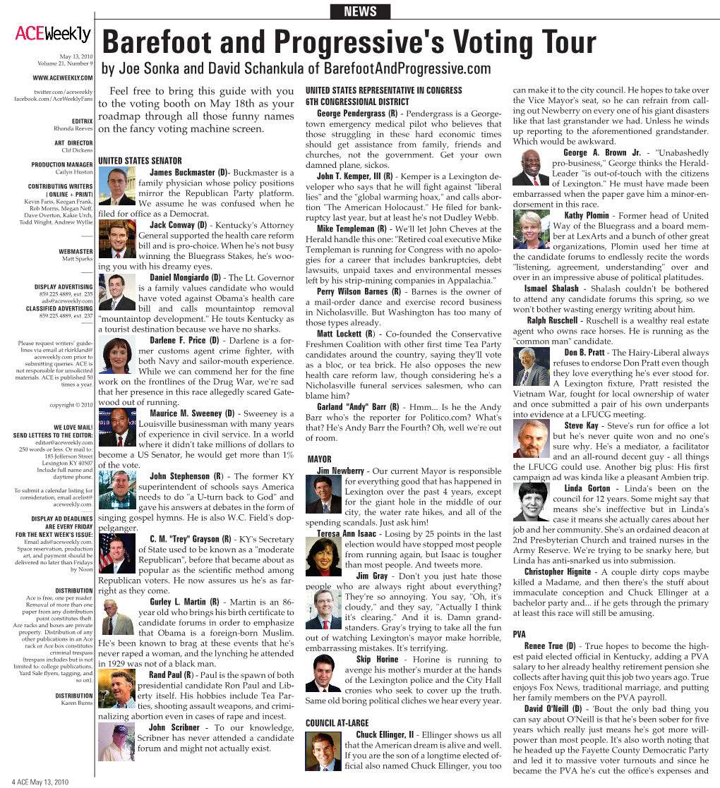 Barefoot and Progressive's Voting Tour Volume 21, Number 9 by Joe Sonka and David Schankula of Barefootandprogressive.Com