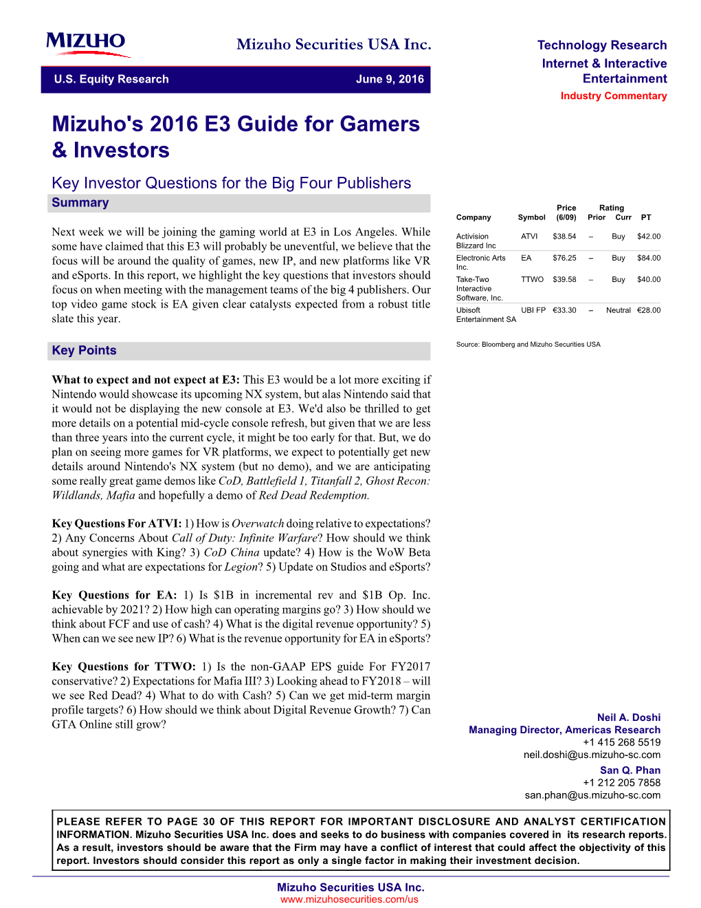 Mizuho's 2016 E3 Guide for Gamers & Investors