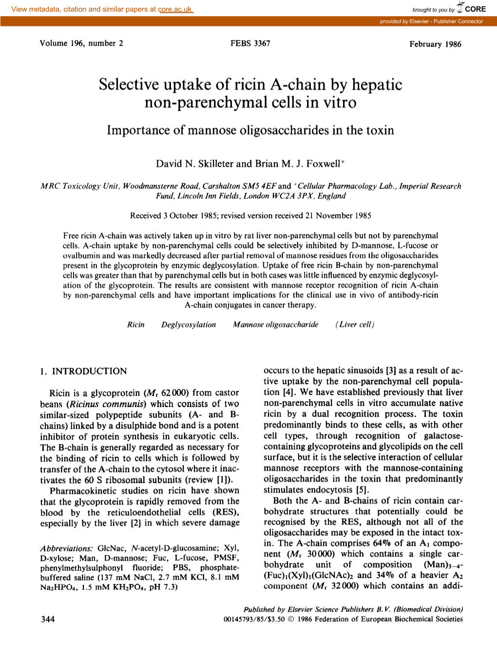 Selective Uptake of Ricin A-Chain by Hepatic Non-Parenchymal Cells in Vitro