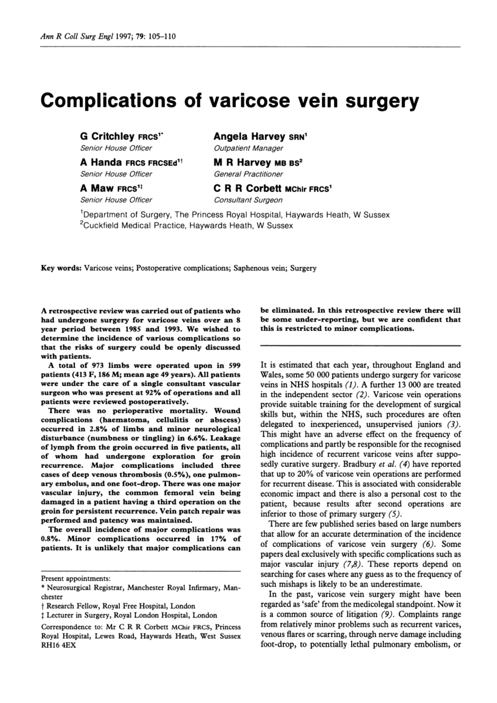 Complications of Varicose Vein Surgery