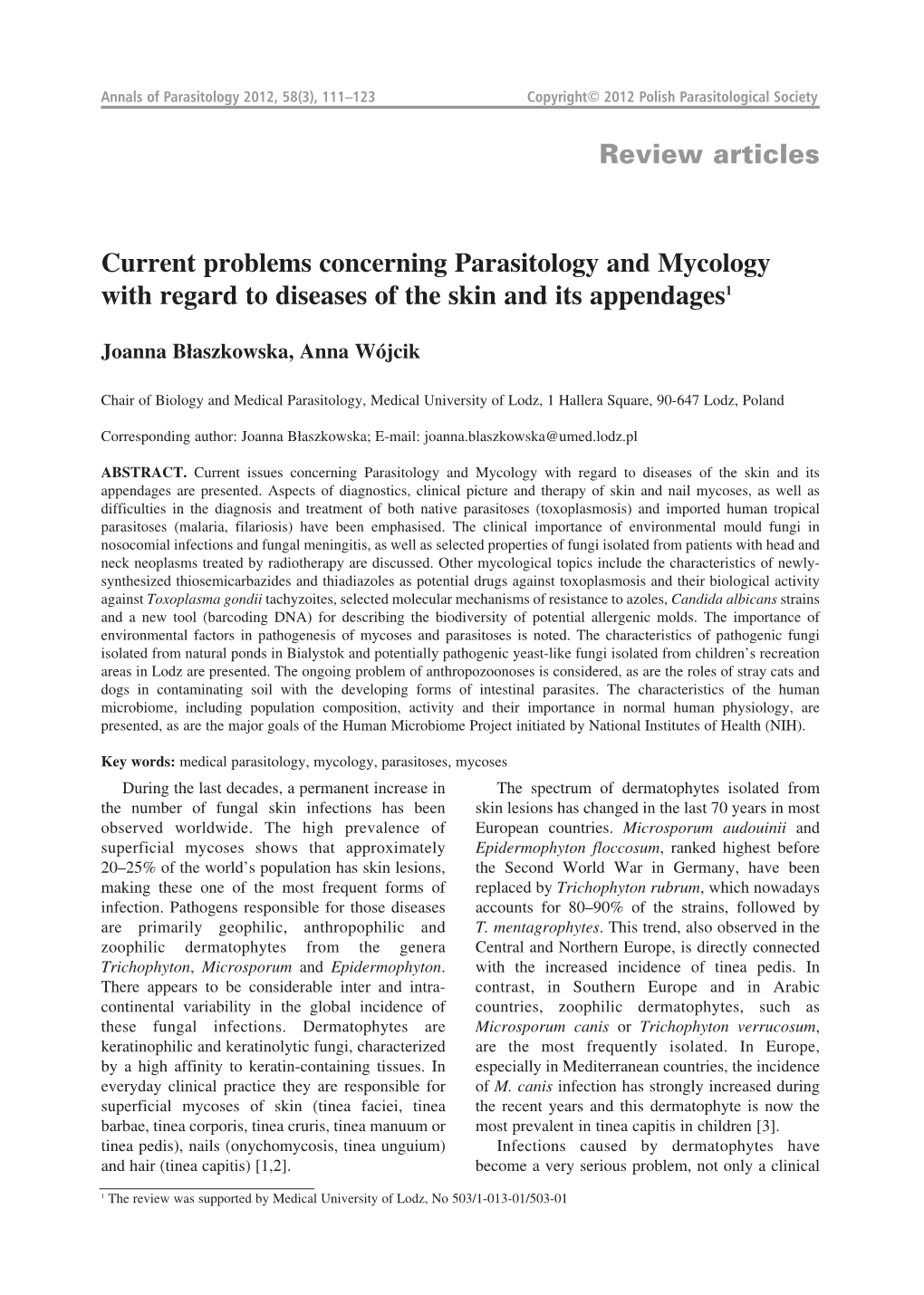 Review Articles Current Problems Concerning Parasitology And