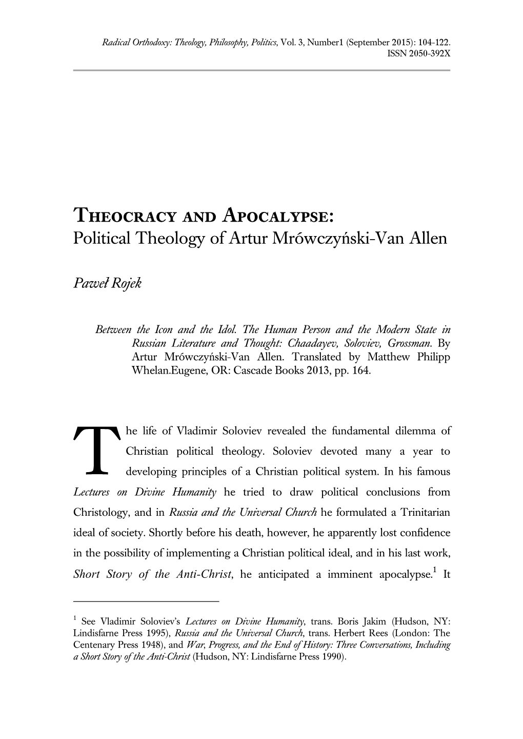 Theocracy and Apocalypse: Political Theology of Artur Mrówczyński-Van Allen