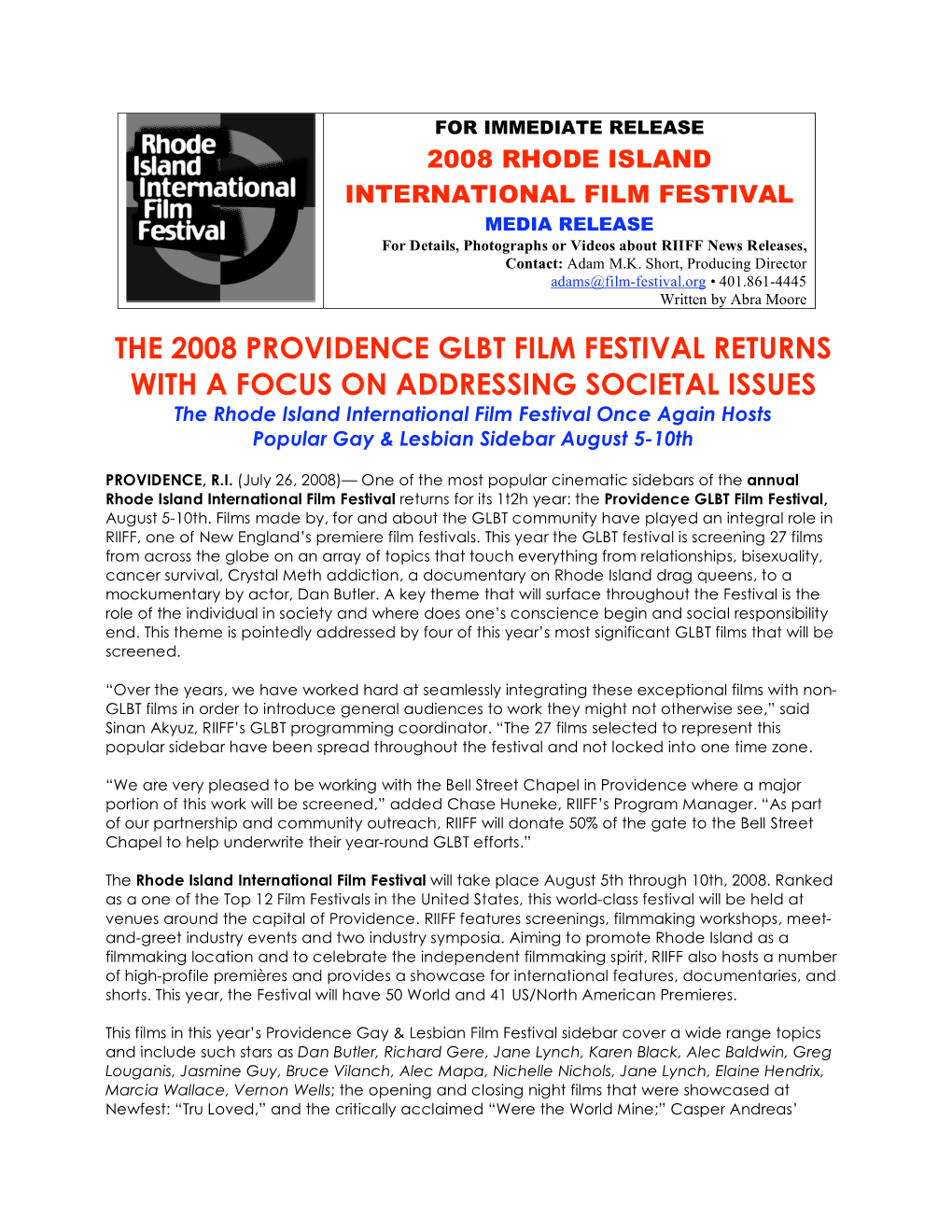 The 2008 Providence Glbt Film Festival Returns with A