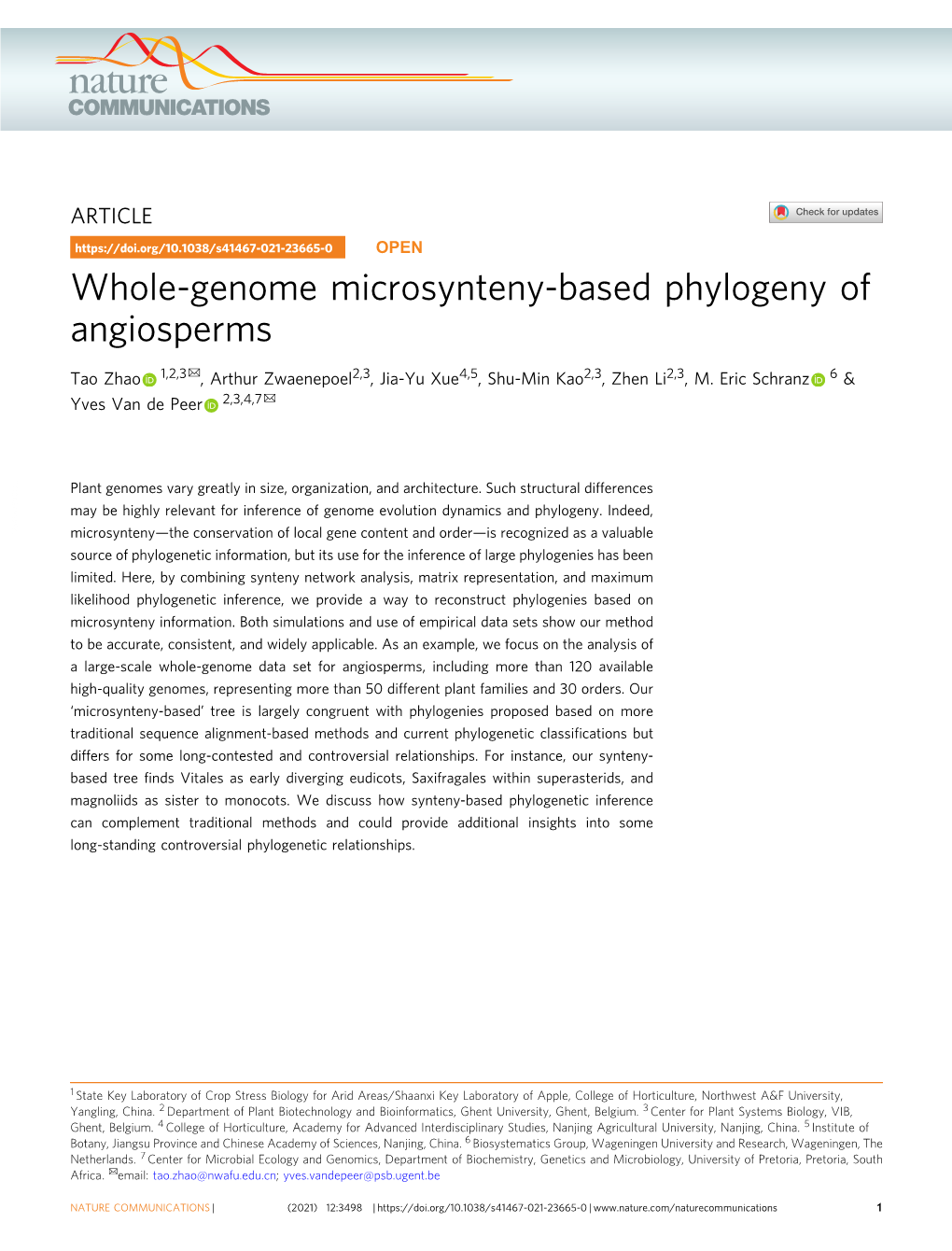 Whole-Genome Microsynteny-Based Phylogeny of Angiosperms ✉ Tao Zhao 1,2,3 , Arthur Zwaenepoel2,3, Jia-Yu Xue4,5, Shu-Min Kao2,3, Zhen Li2,3, M