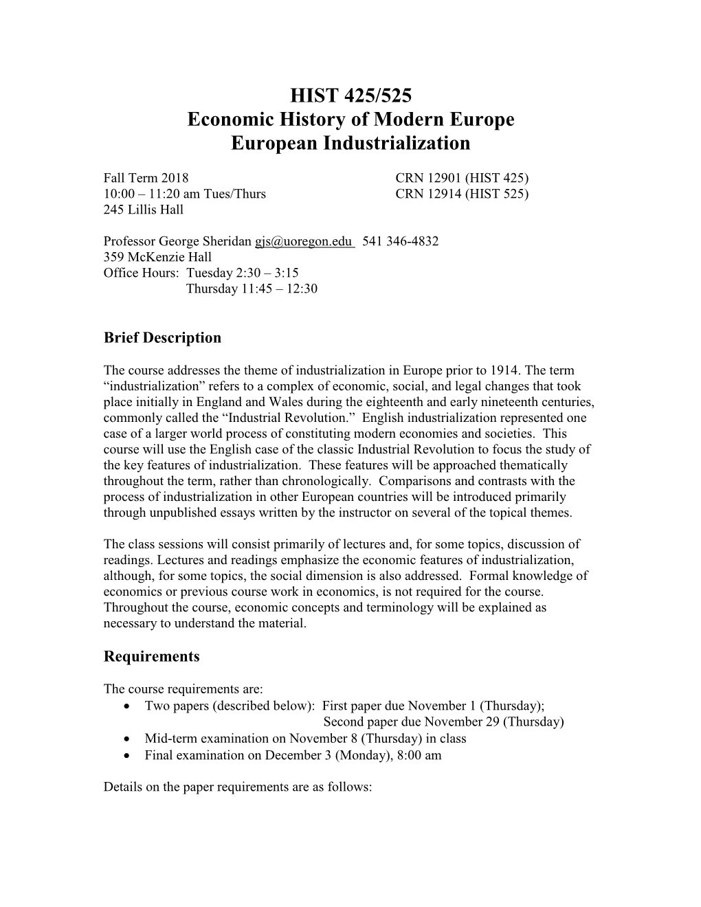 HIST 425/525 Economic History of Modern Europe European Industrialization