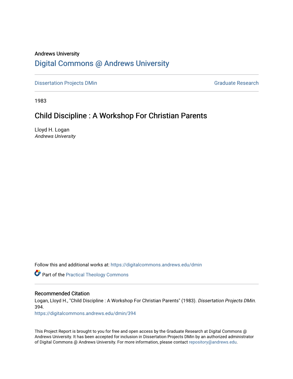 Child Discipline : a Workshop for Christian Parents