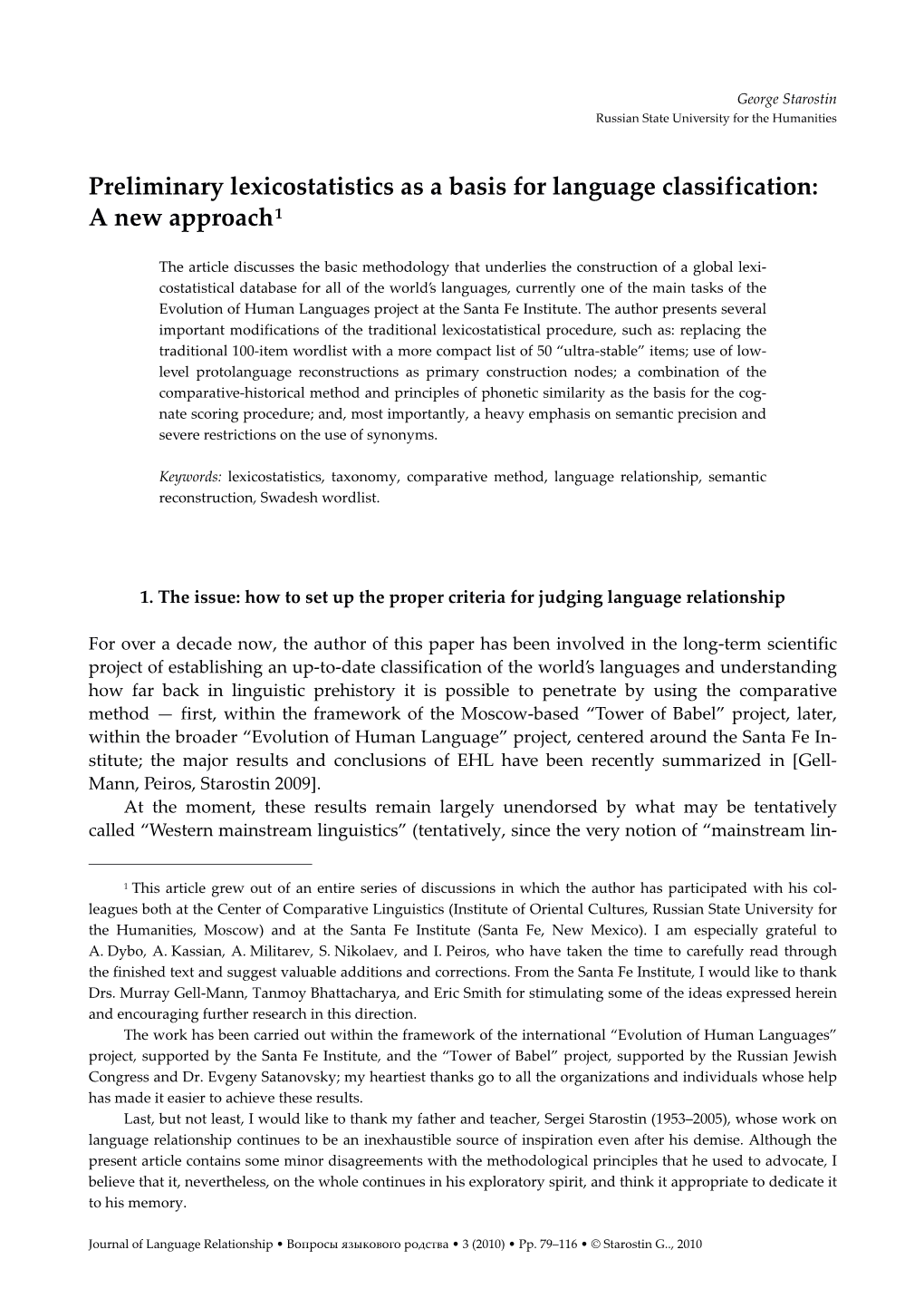 Preliminary Lexicostatistics As a Basis for Language Classification: 1 a New Approach