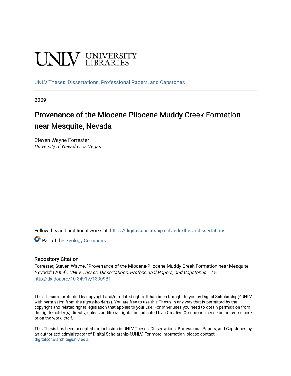 Provenance of the Miocene-Pliocene Muddy Creek Formation Near Mesquite, Nevada