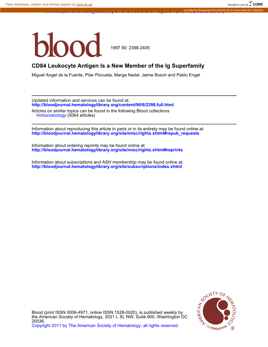 CD84 Leukocyte Antigen Is a New Member of the Ig Superfamily