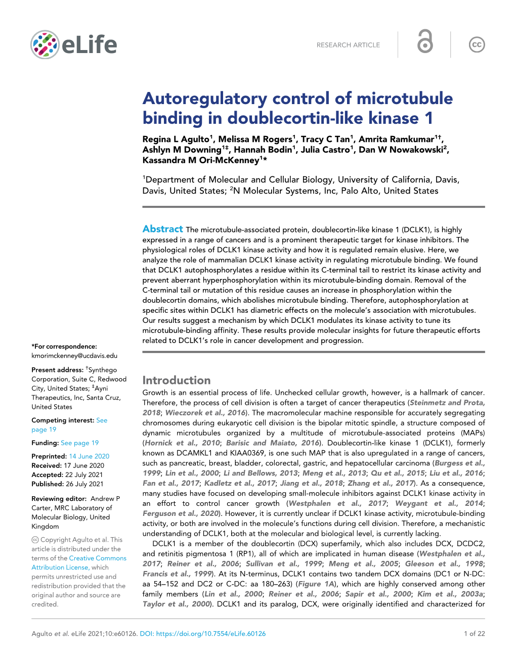 Autoregulatory Control of Microtubule Binding in Doublecortin-Like Kinase 1