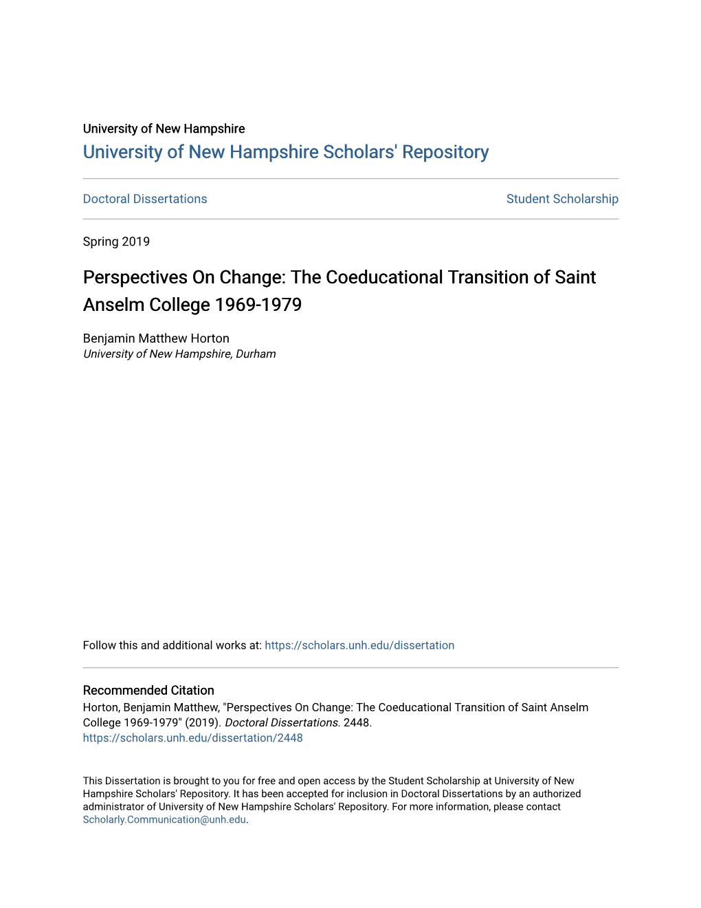 The Coeducational Transition of Saint Anselm College 1969-1979