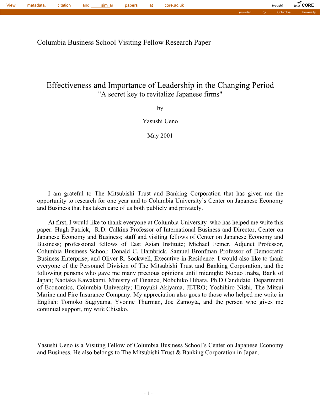 Effectiveness and Importance of Leadership in the Changing Period "A Secret Key to Revitalize Japanese Firms"