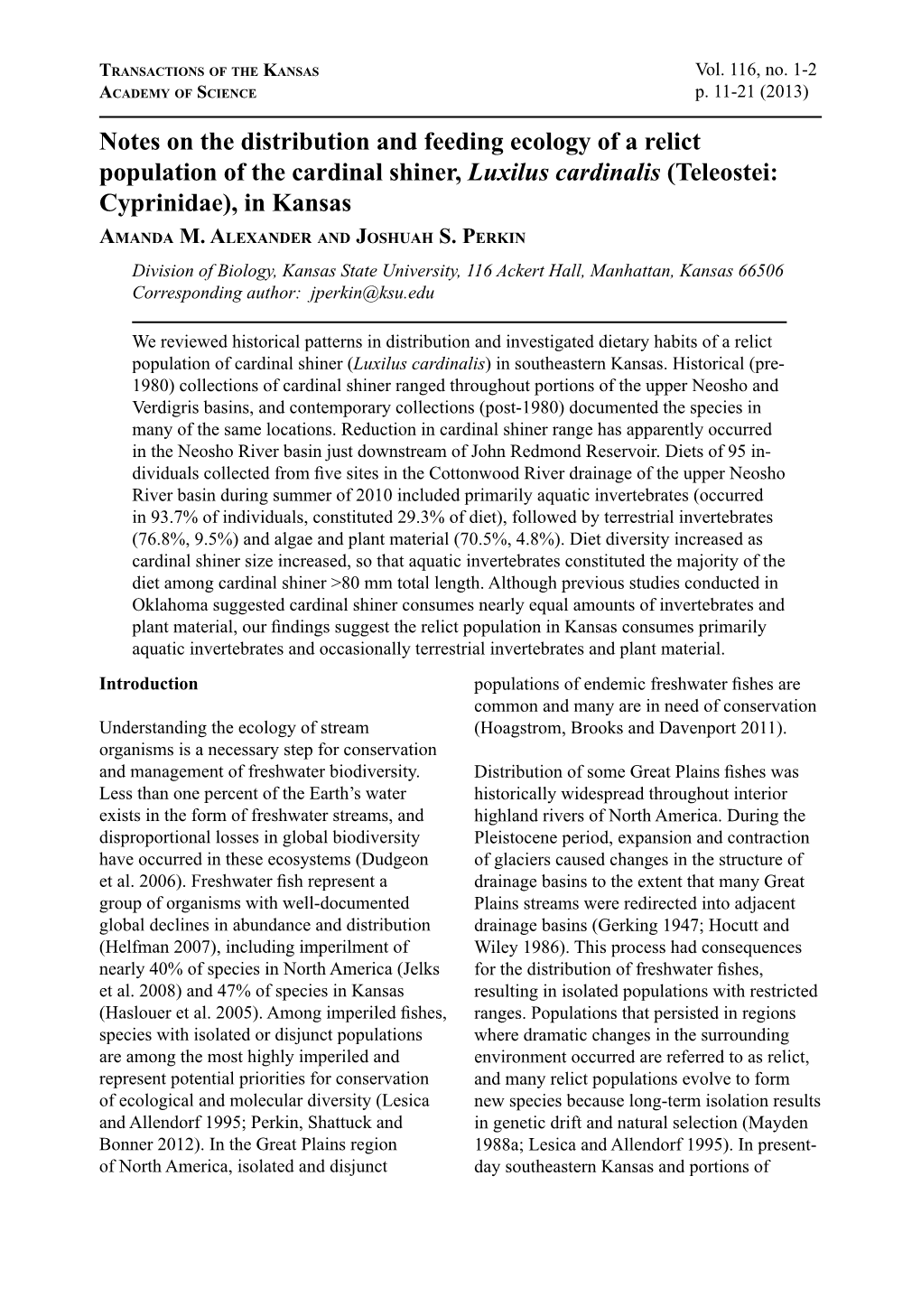 Notes on the Distribution and Feeding Ecology of a Relict Population of the Cardinal Shiner, Luxilus Cardinalis (Teleostei: Cyprinidae), in Kansas Amanda M