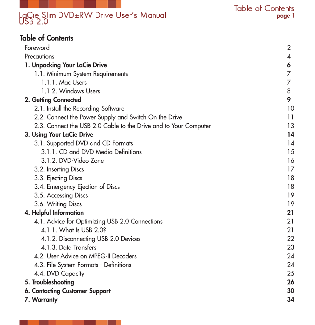 Table of Contents Lacie Slim DVD±RW Drive User's Manual USB