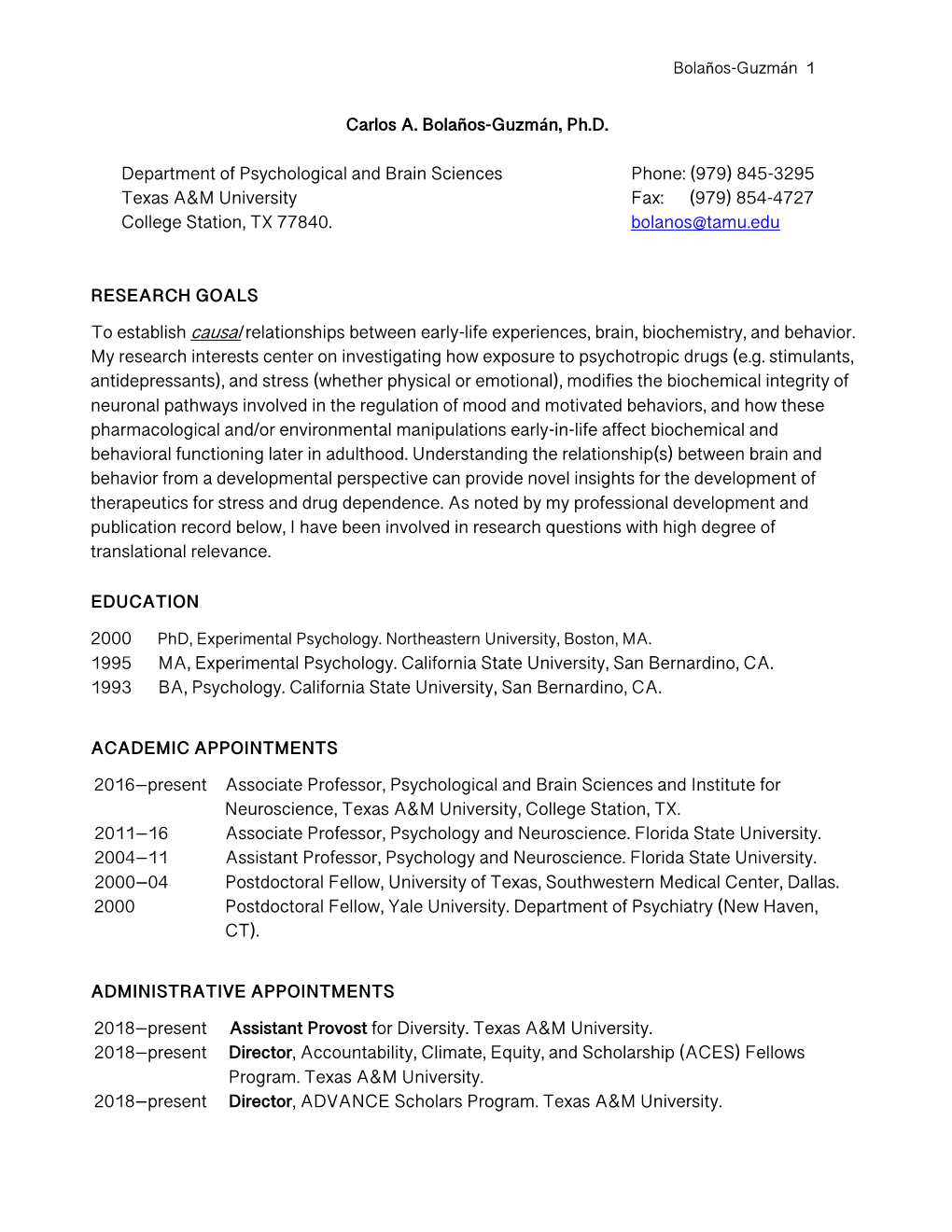 Carlos A. Bolaños-Guzmán, Ph.D. Department of Psychological And