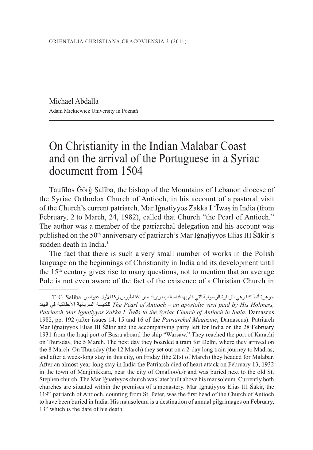 On Christianity in the Indian Malabar Coast and on the Arrival of the Portuguese in a Syriac Document from 1504