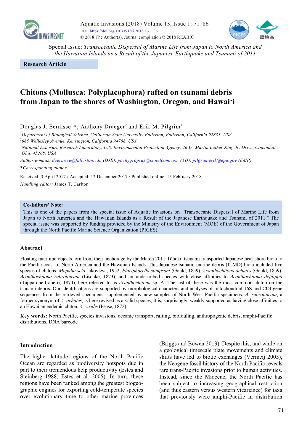 Chitons (Mollusca: Polyplacophora) Rafted on Tsunami Debris from Japan to the Shores of Washington, Oregon, and Hawai‘I