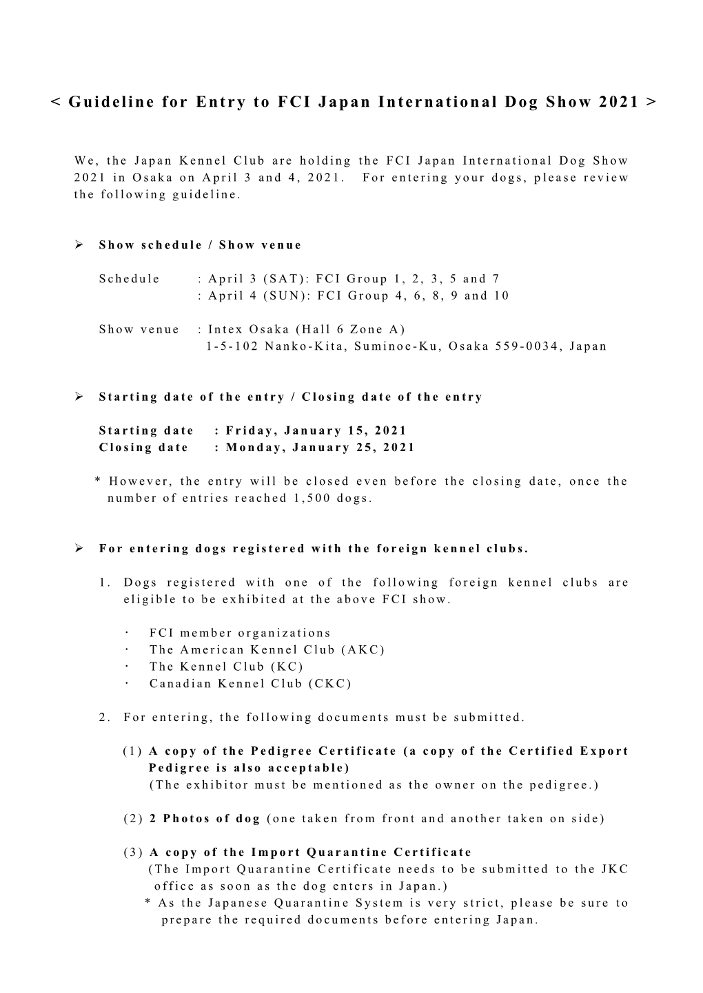 < Guideline for Entry to FCI Japan International Dog Show 2021 >