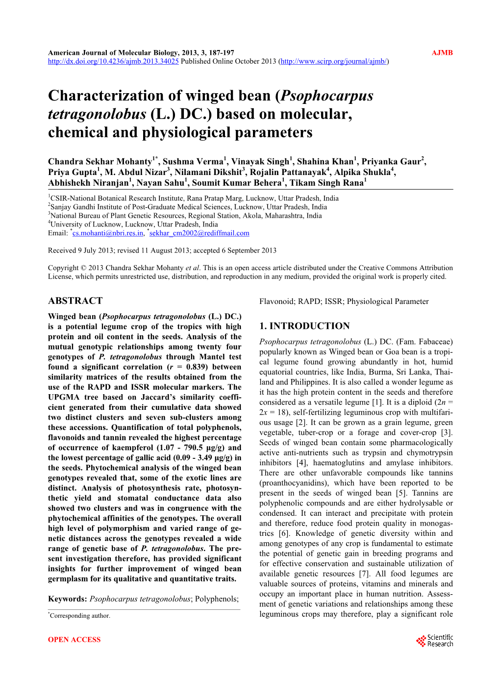 Characterization of Winged Bean (Psophocarpus Tetragonolobus (L.) DC.) Based on Molecular, Chemical and Physiological Parameters