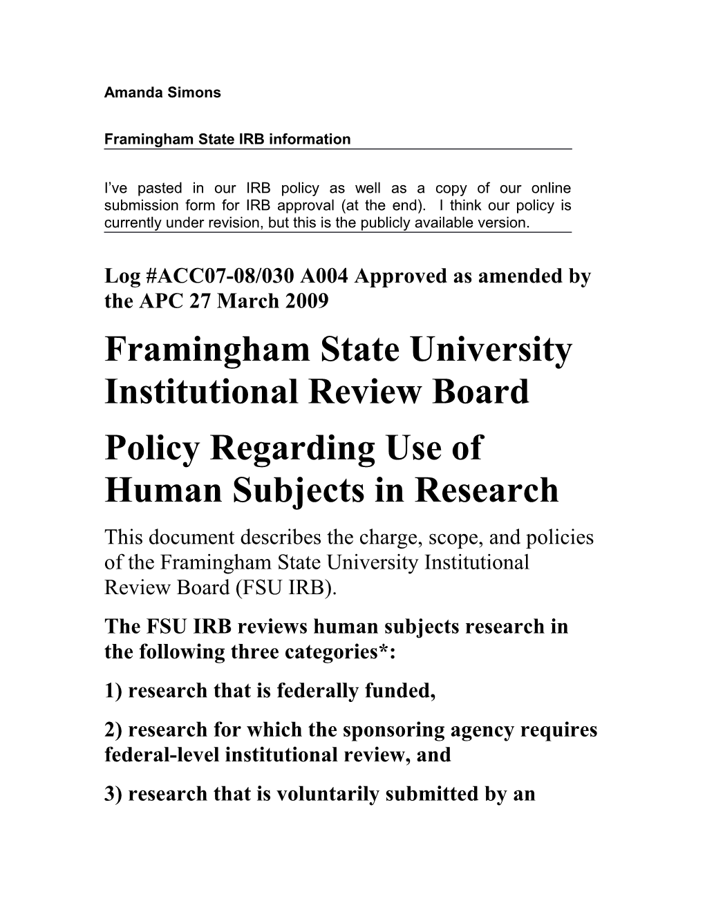 Framingham State IRB Information