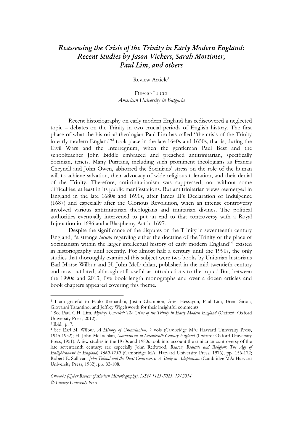 Reassessing the Crisis of the Trinity in Early Modern England: Recent Studies by Jason Vickers, Sarah Mortimer, Paul Lim, and Others