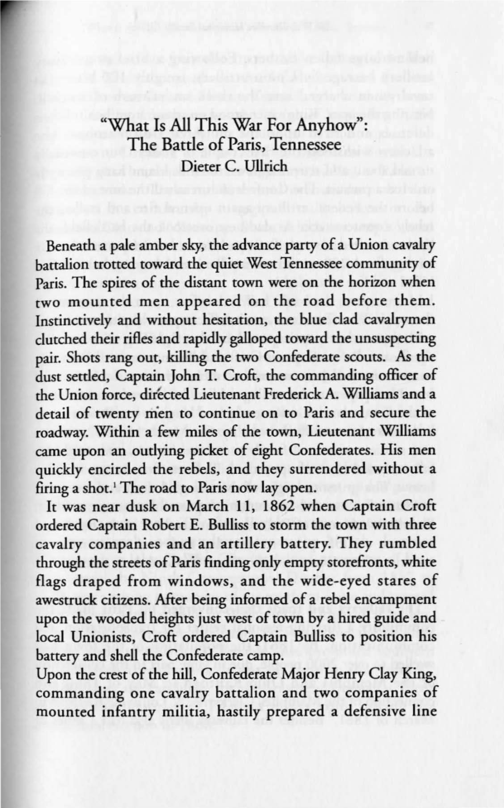 "What Is All This War for Anyhow": the Battle of Paris, Tennessee Dieter C