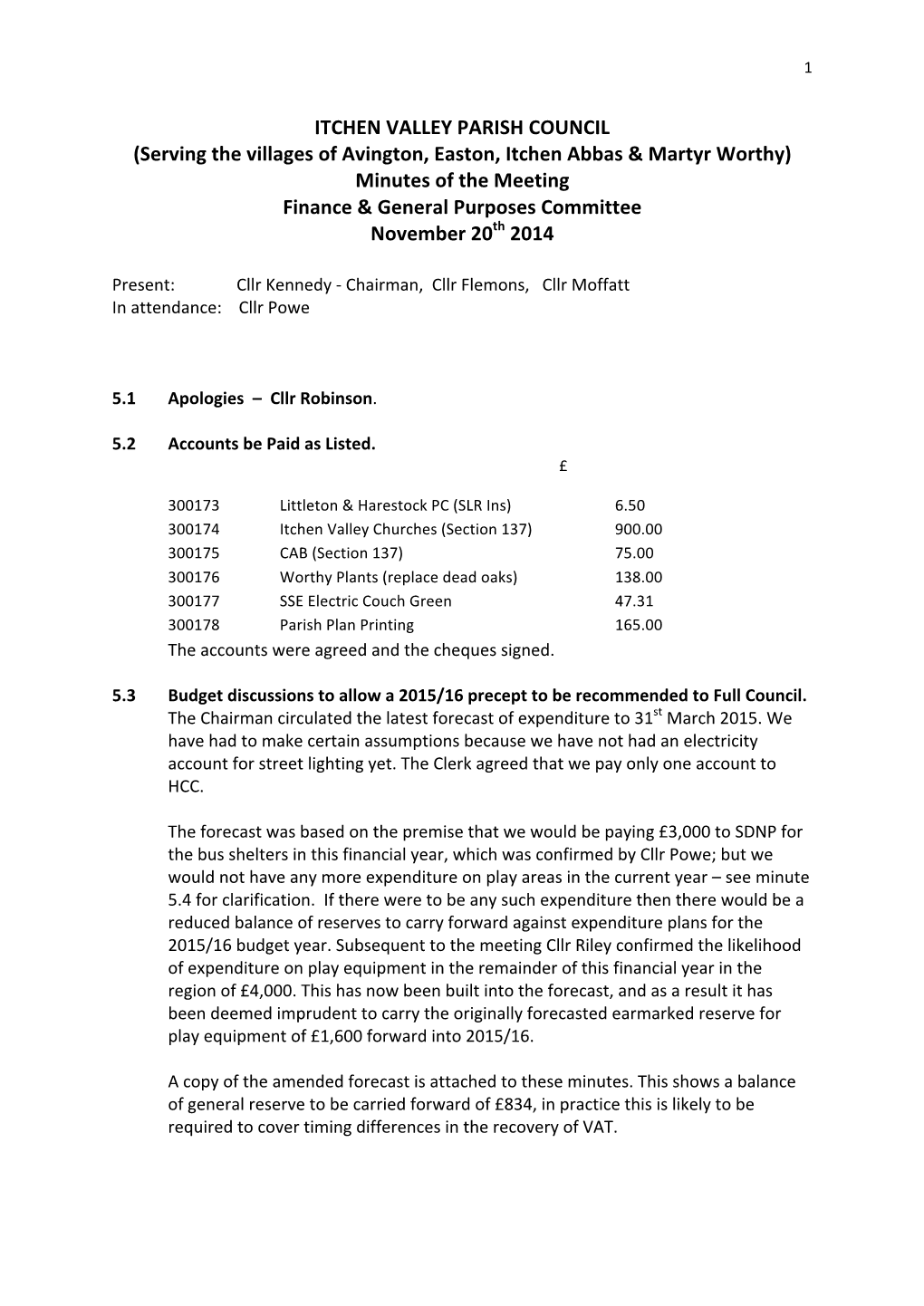 ITCHEN VALLEY PARISH COUNCIL (Serving the Villages of Avington, Easton, Itchen Abbas & Martyr Worthy) Minutes of the Meeti