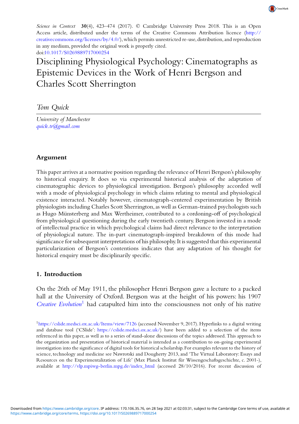 Disciplining Physiological Psychology: Cinematographs As Epistemic Devices in the Work of Henri Bergson and Charles Scott Sherrington