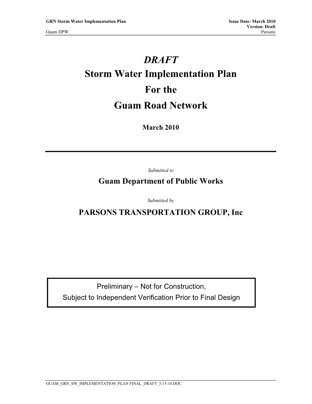 DRAFT Storm Water Implementation Plan for the Guam Road Network