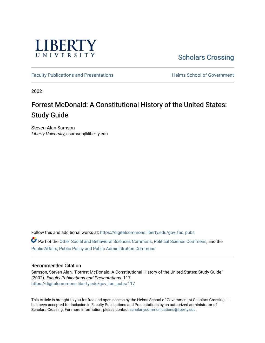 Forrest Mcdonald: a Constitutional History of the United States: Study Guide