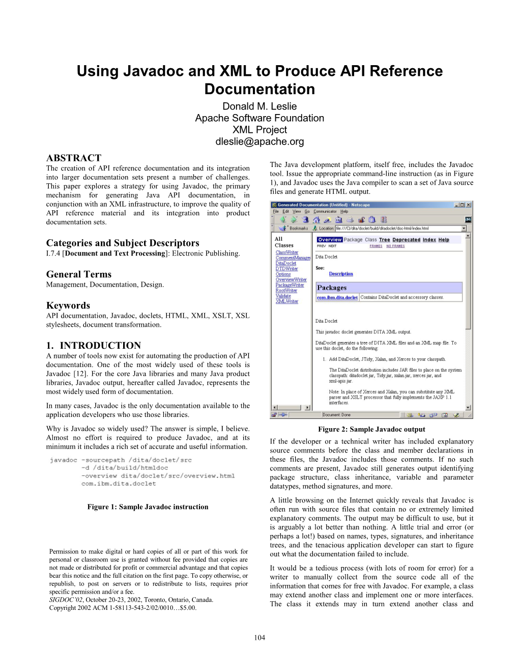 Using Javadoc and XML to Produce API Reference Documentation Donald M