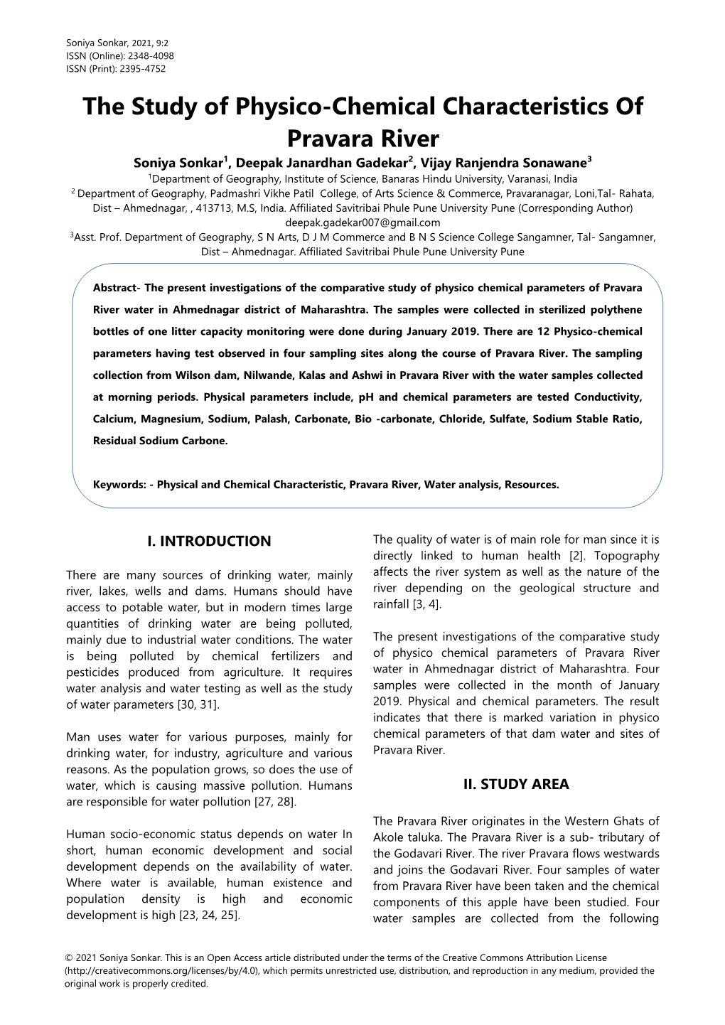 The Study of Physico-Chemical Characteristics of Pravara River