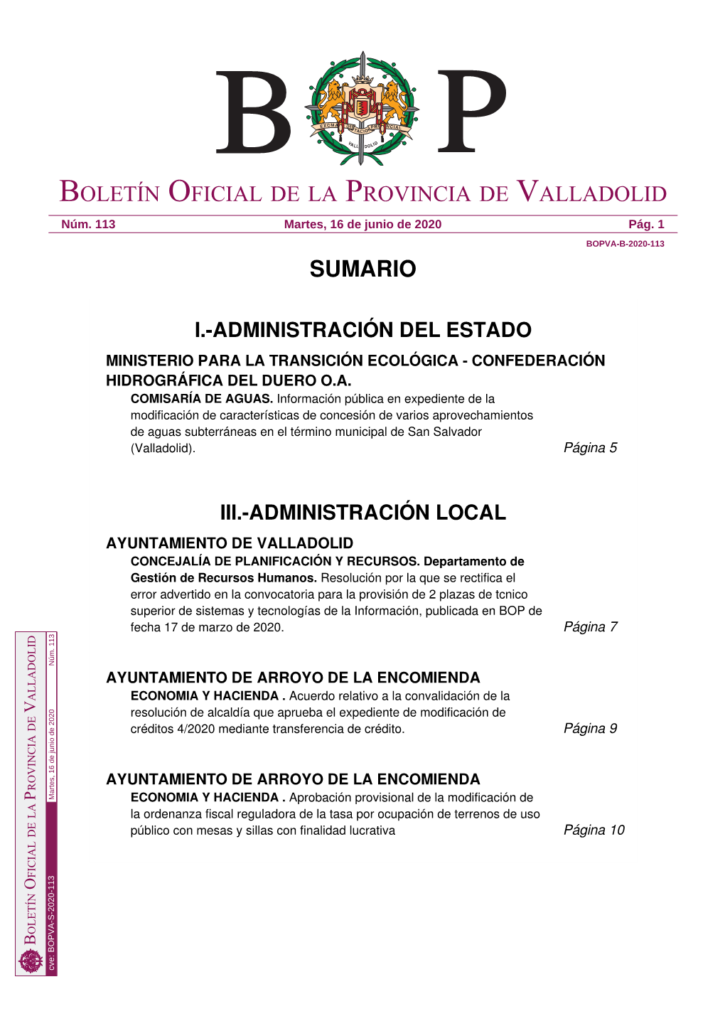 Sumario Boletín Oficial De La Provincia De Valladolid