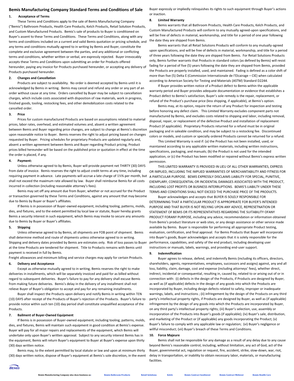 Bemis Manufacturing Company Standard Terms and Conditions of Sale