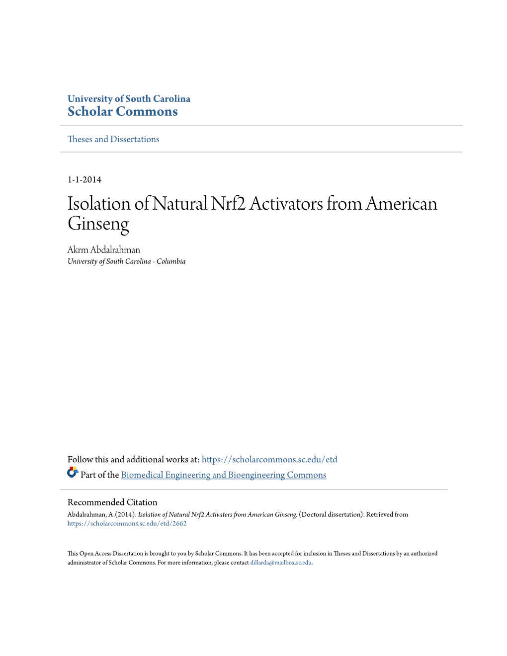 Isolation of Natural Nrf2 Activators from American Ginseng Akrm Abdalrahman University of South Carolina - Columbia