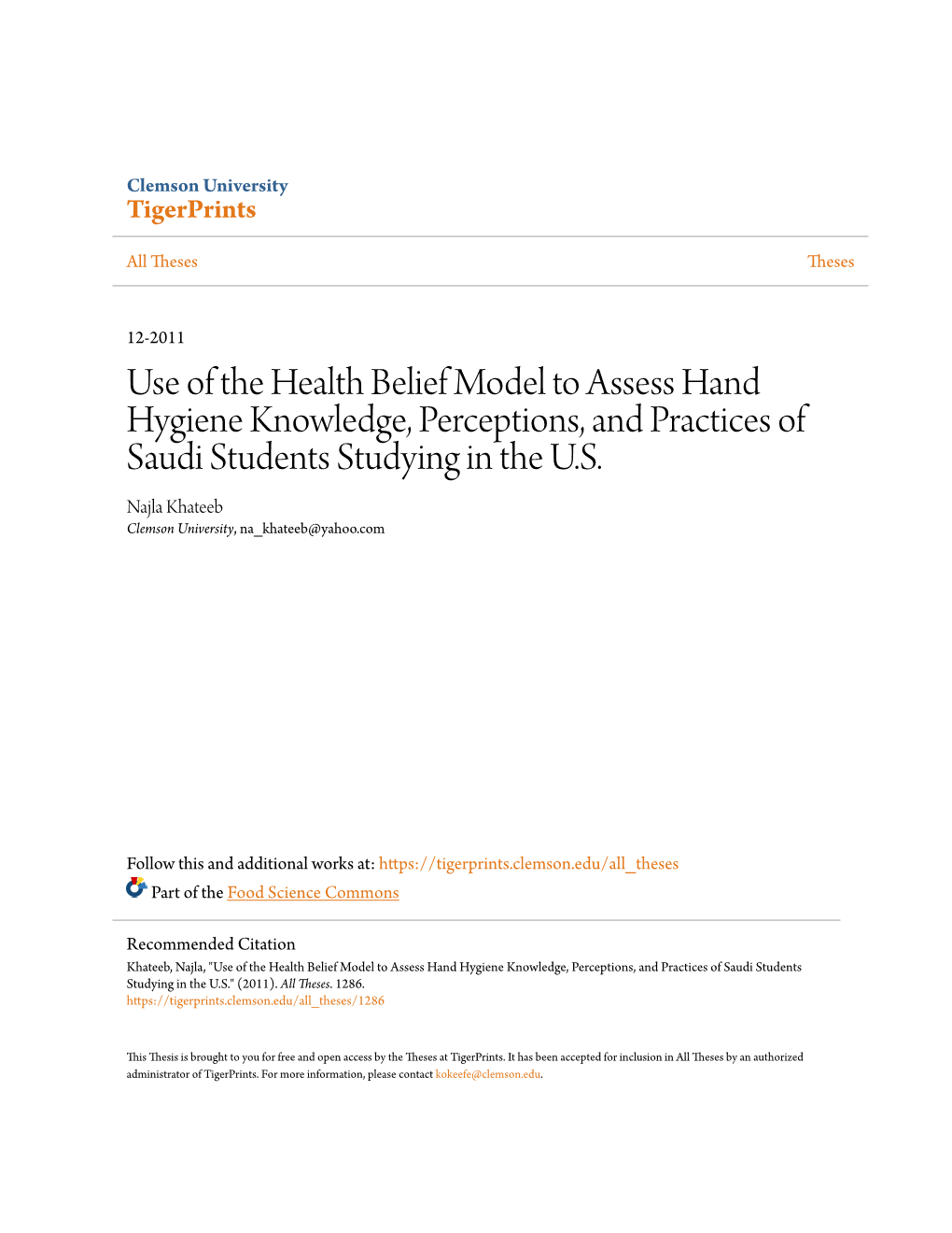 Use of the Health Belief Model to Assess Hand Hygiene Knowledge, Perceptions, and Practices of Saudi Students Studying in the U.S