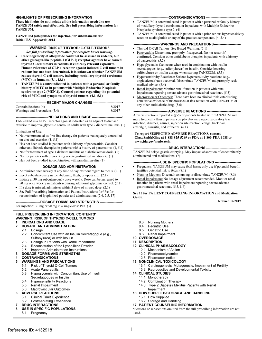 Albiglutide) for Injection, for Subcutaneous Use Reaction to Albiglutide Or Any of the Product Components