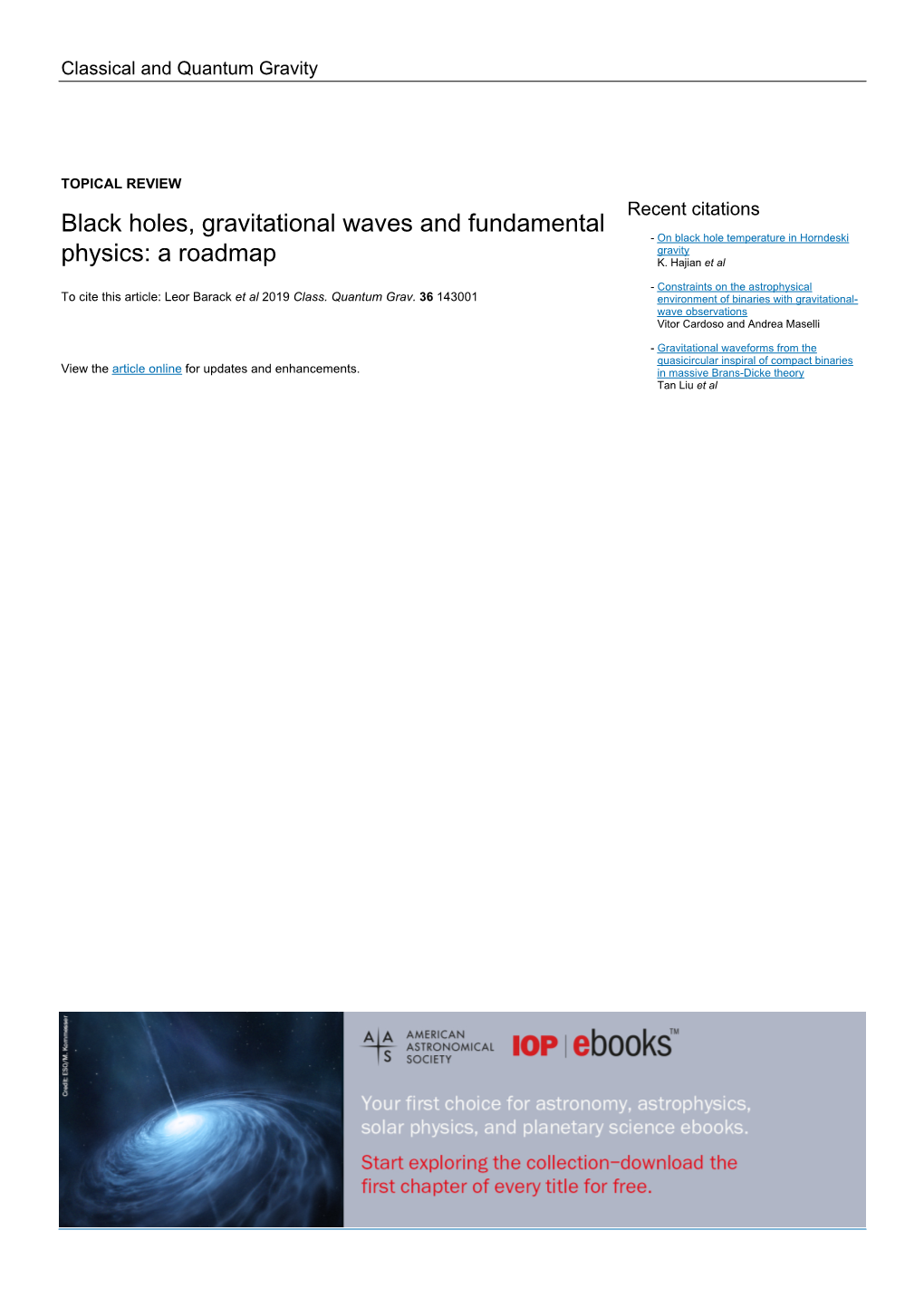 Black Holes, Gravitational Waves and Fundamental Physics: a Roadmap CQGRDG