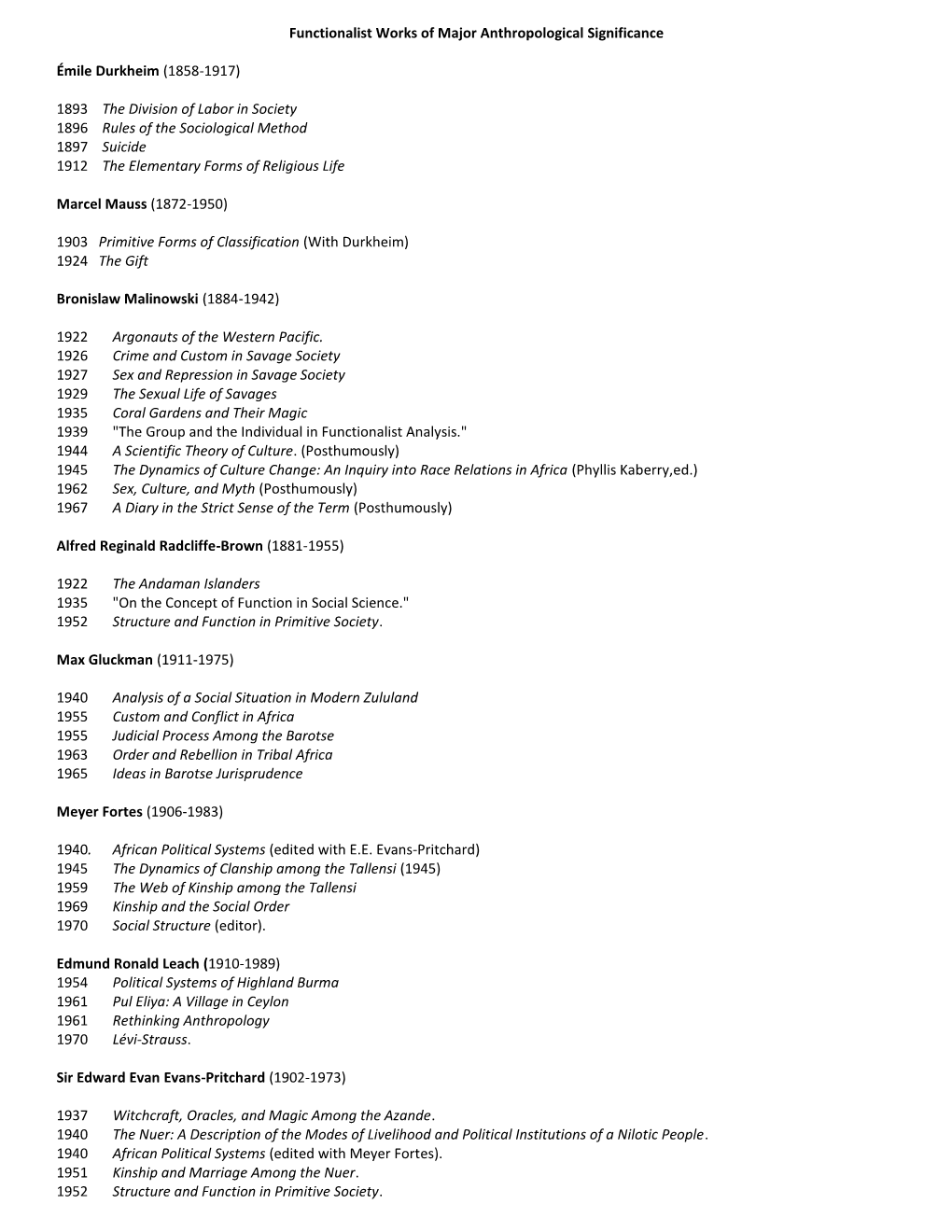 Functionalist Works of Major Anthropological Significance Émile