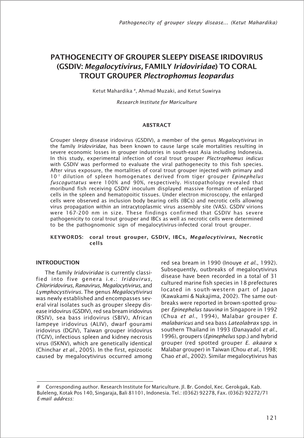 PATHOGENECITY of GROUPER SLEEPY DISEASE IRIDOVIRUS (GSDIV: Megalocytivirus, FAMILY Iridoviridae) to CORAL TROUT GROUPER Plectrophomus Leopardus