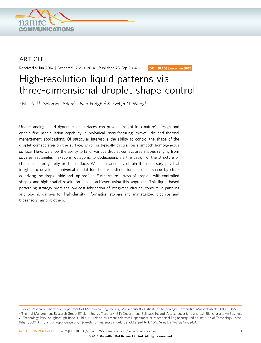 High-Resolution Liquid Patterns Via Three-Dimensional Droplet Shape Control