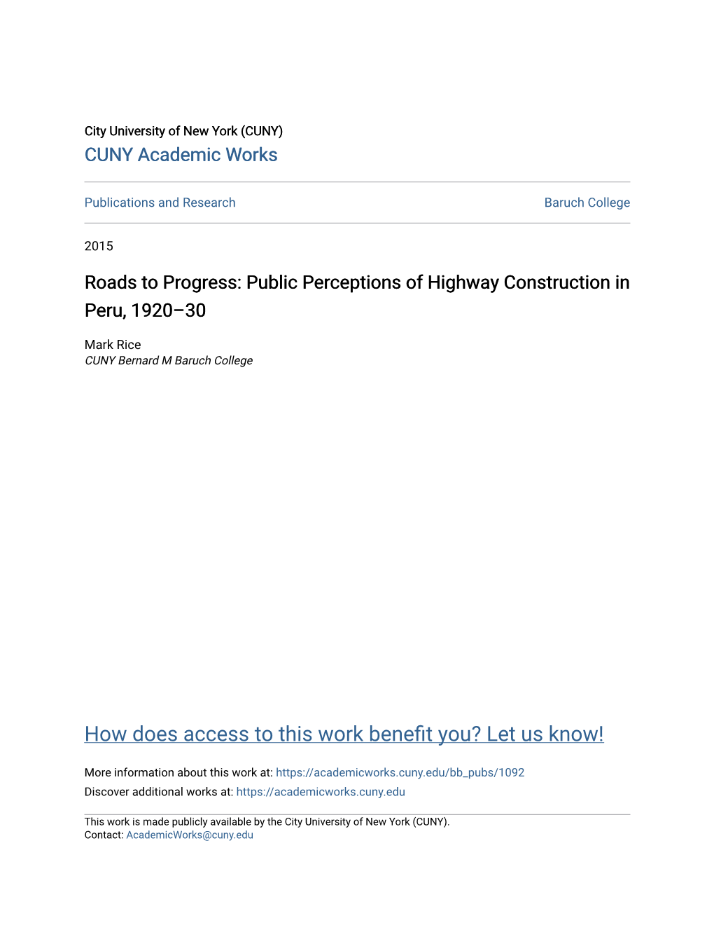 Roads to Progress: Public Perceptions of Highway Construction in Peru, 1920–30