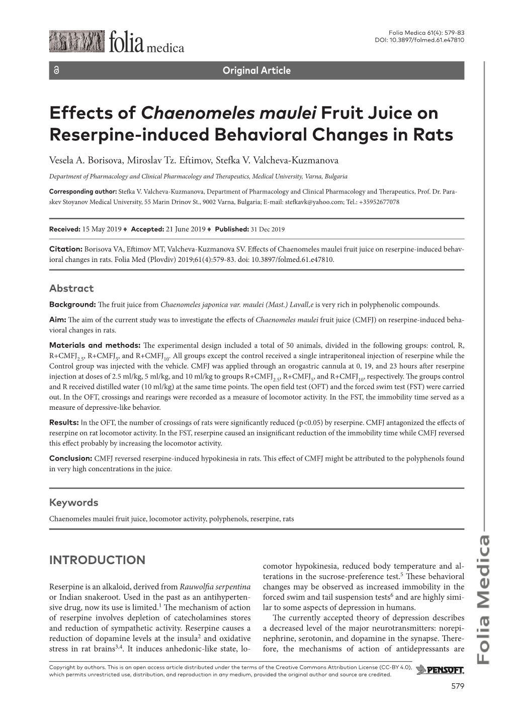 Effects of Chaenomeles Maulei Fruit Juice on Reserpine-Induced Behavioral Changes in Rats