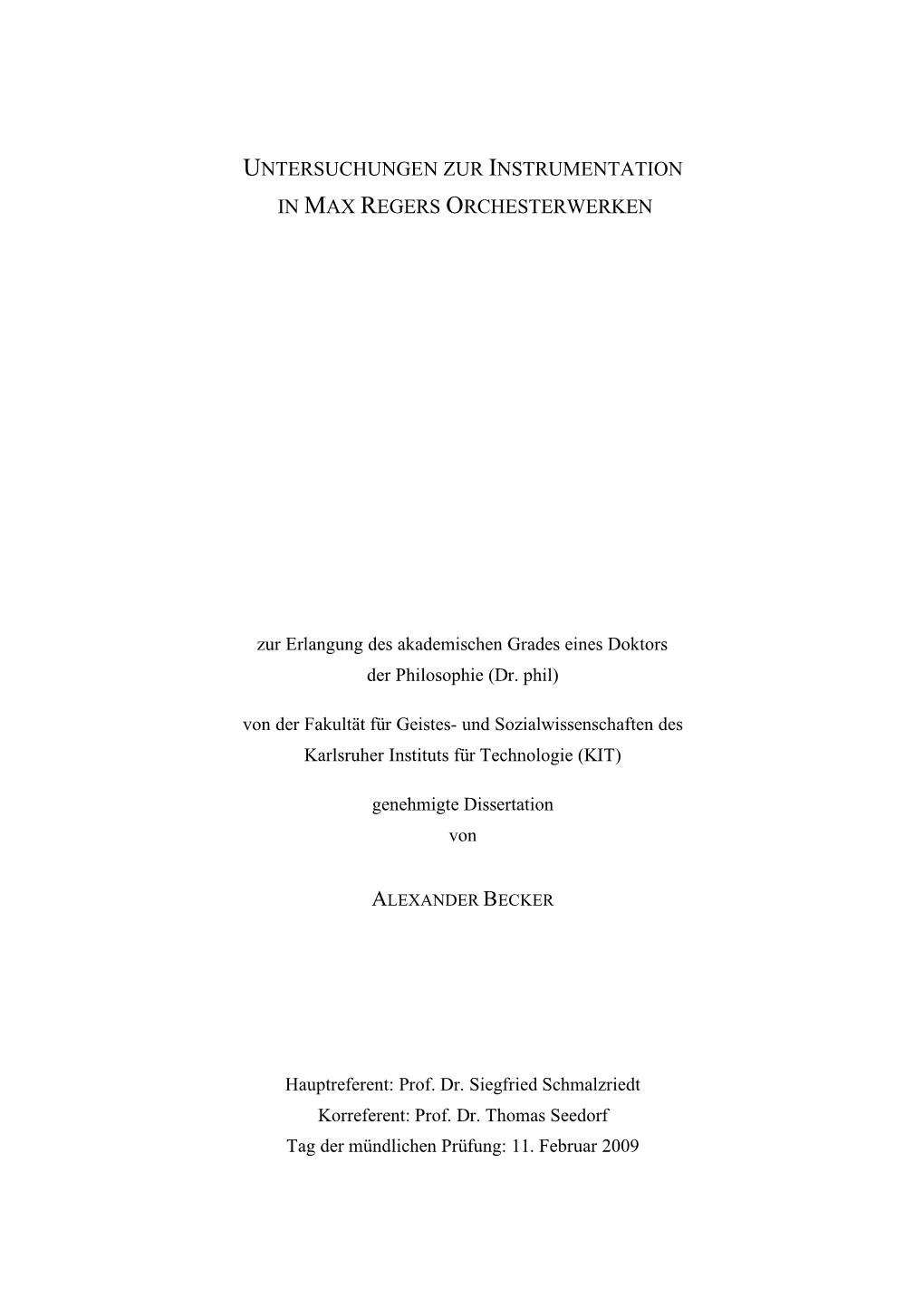 Untersuchungen Zur Instrumentation in Max Regers Orchesterwerken