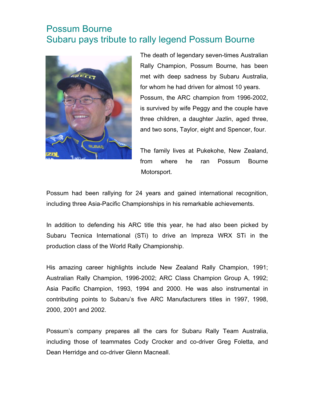 Possum Bourne Subaru Pays Tribute to Rally Legend Possum Bourne