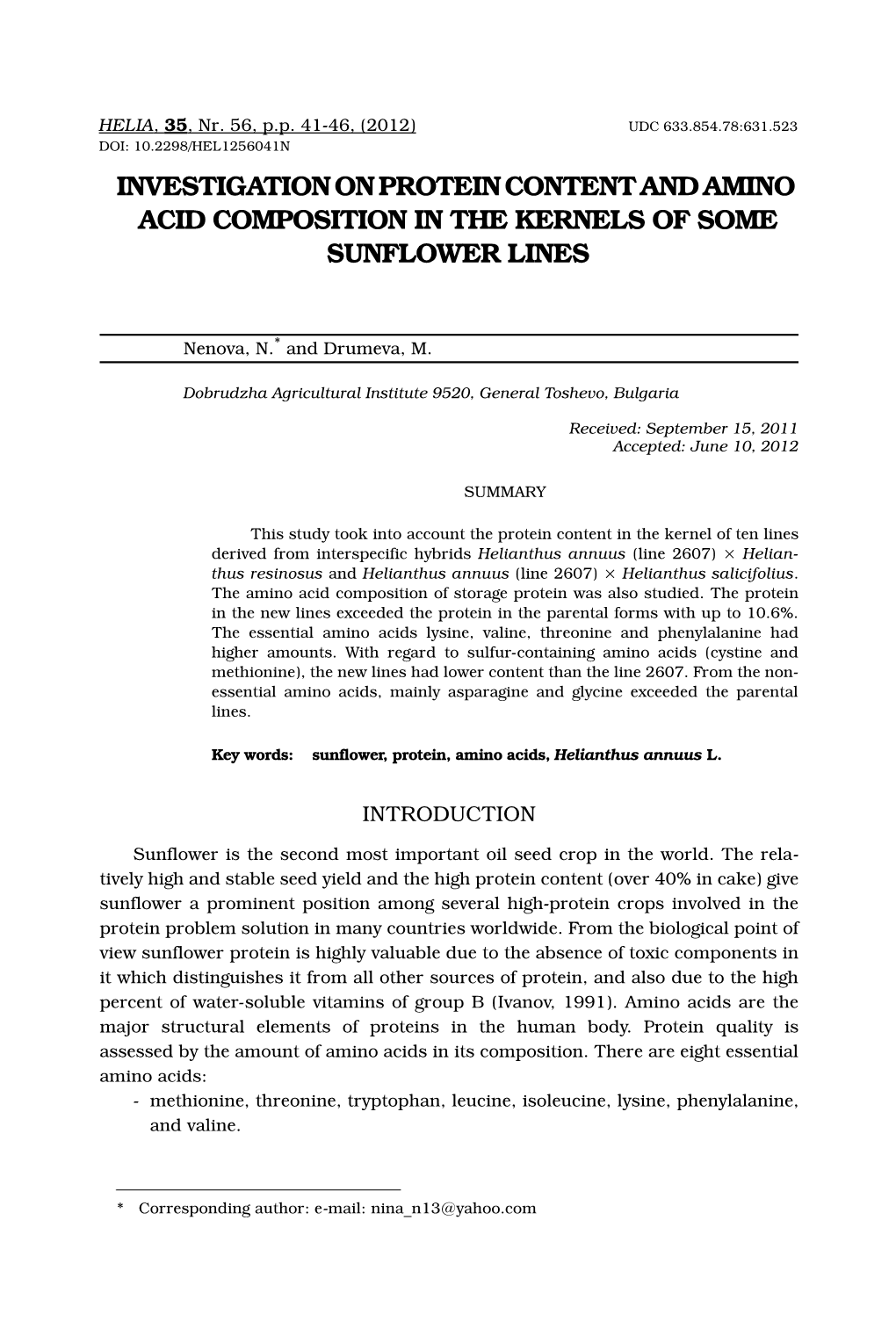 Investigation on Protein Content and Amino Acid Composition in the Kernels of Some Sunflower Lines