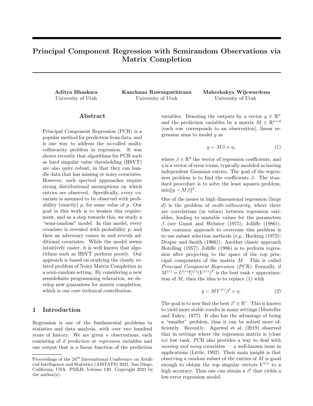 Principal Component Regression with Semirandom Observations Via Matrix Completion